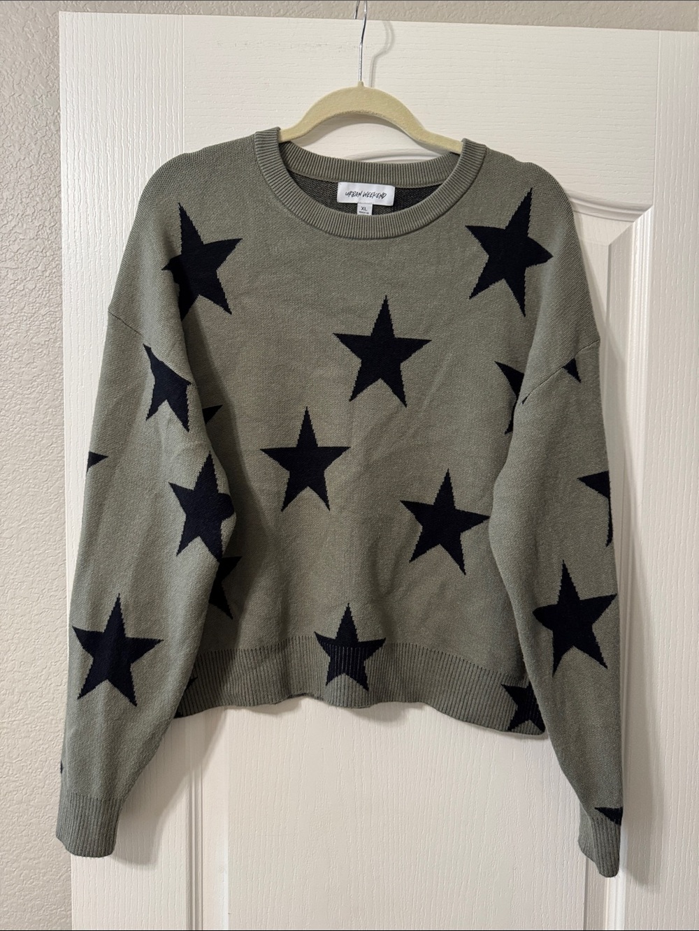Urban Weekend XL Olive Green Star Knit Sweater with Black Stars